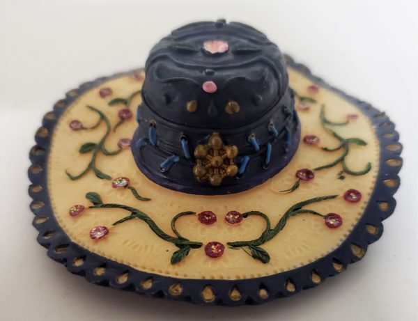 Miniature Ladies Sombrero Style Hat Figurine  - Navy Blue & Cream Rhinestone Leaf