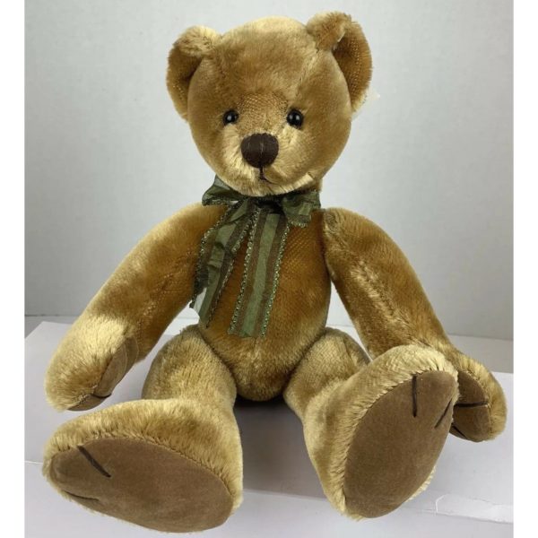 Russ Dunwell Poseable Bear Vintage Look Faux Mohair Green Bow Machine Washable