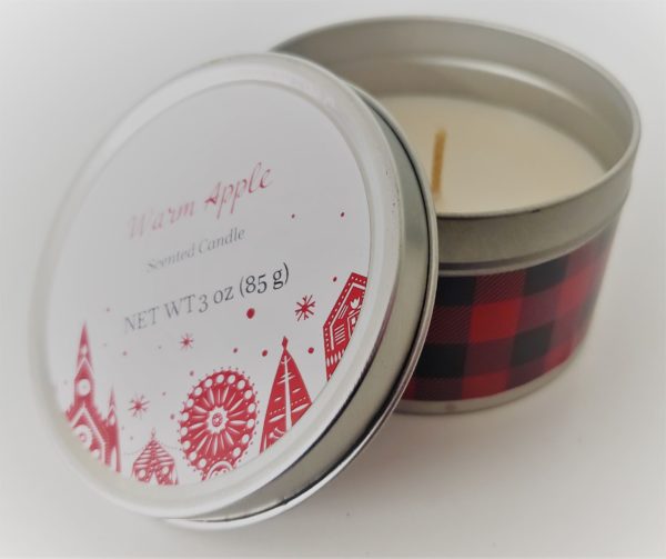 Holiday Scented Candle 3 oz. In Decorative Red & Black Plaid Tin - Warm Apple