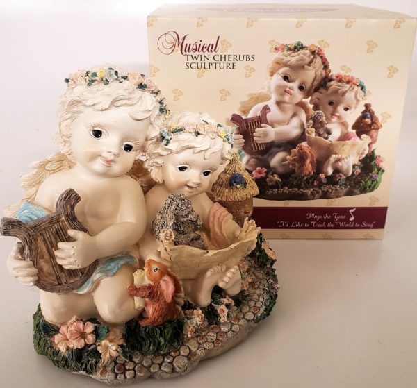 Classic Treasures Musical Twin Cherubs Sculpture Plays Tune "I'd Like to Teach the World to Sing"