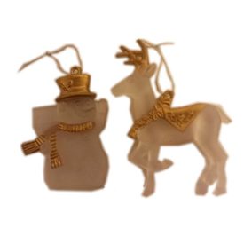 Frosted Glass Look Gold Accents Reindeer & Snowman Ornaments