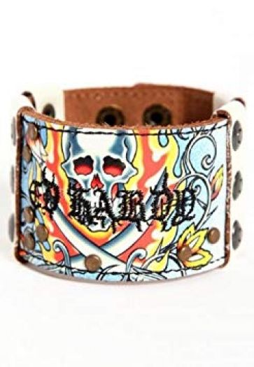 Hot Ed Hardy Mens Flaming Skull Leather Wristband EH5049