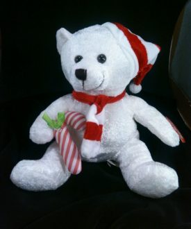 Cuddly Cousins Plush Holiday 10 Teddy Bear White With Striped Red/White Hat Scarf Candycane