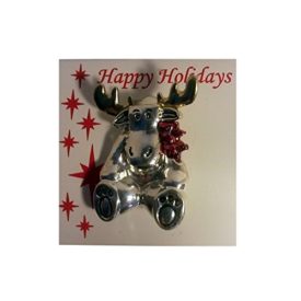 Happy Holidays Silver With Gold Antlers & Red Bow Metal Reindeer Pin