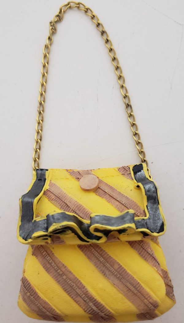 Miniature Purse Figurine - Yellow & Mauve Stripe Gold Chain Strap