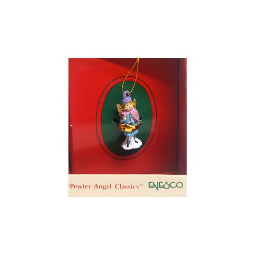 Vintage 1989 Enesco Small Wonders Pewter Angel Classics Miniature Ornament - Purple Hat, Pink Shaw, Blue Dress
