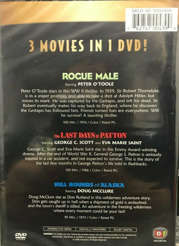 3 Movies: Rogue Male / Last Days of patton / Hell Hounds of Alaska (DVD)