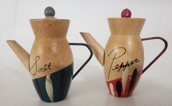 Vintage Foreign Wood Pitcher Green & Red Salt & Pepper Shakers