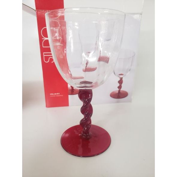 Studio Nova Holiday Wrapping Red Twisted Stem Clear Glass Goblet VHW40 / 401 Set of 4