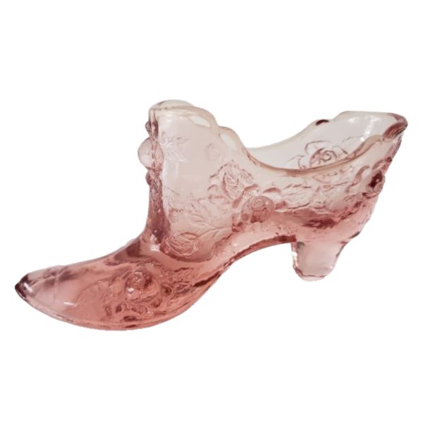 Vintage Fenton Cranberry Pink Art Glass Cabbage Rose Shoe Boot Slipper