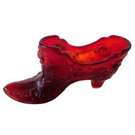 Vintage Collectible Fenton Red Cabbage Rose Art Glass Slipper