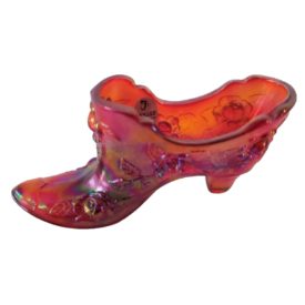 Vintage Collectible Fenton Iridescent Red Cabbage Rose Art Glass Slipper