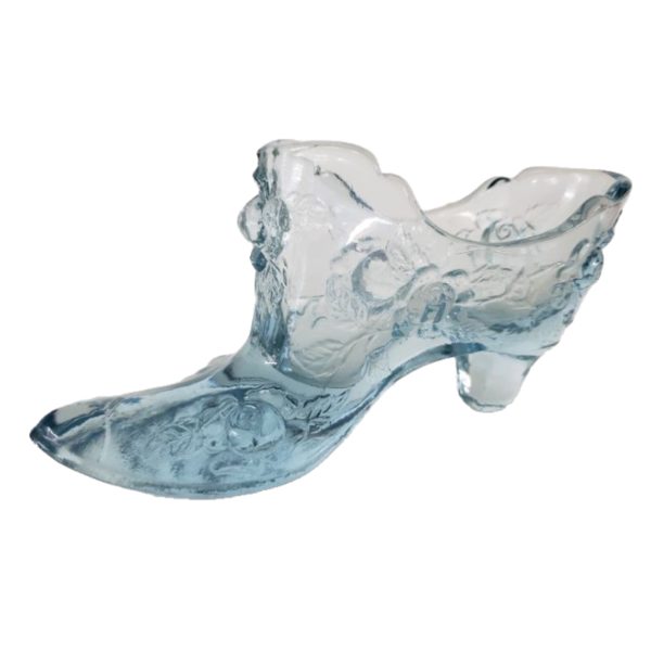 Vintage Collectible Fenton Clear Blue Cabbage Rose Art Glass Slipper
