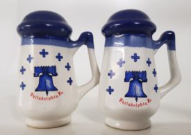 Vintage Philadelphia Blue & White Porcelain Liberty Bell Salt & Pepper Shaker