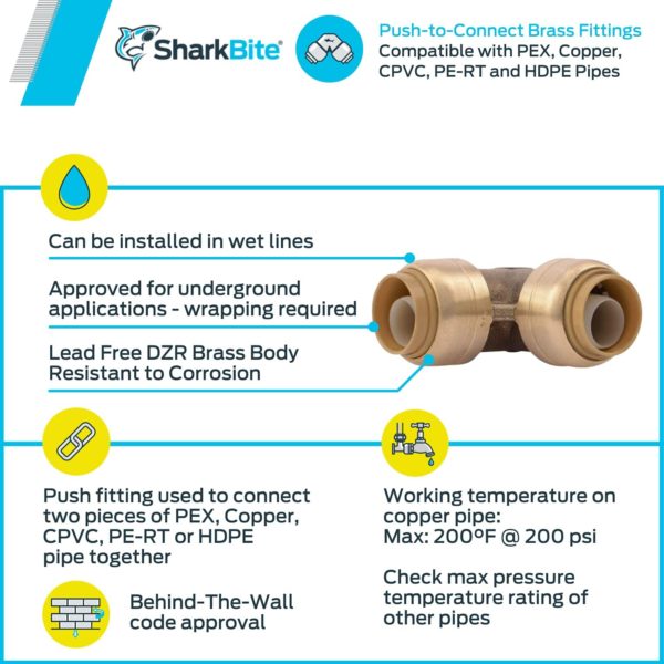 SharkBite 1/2 Inch 90 Degree Elbow, Push to Connect Brass Fitting, PEX Pipe, Copper, CPVC, PE-RT, HDPE, U248LFA