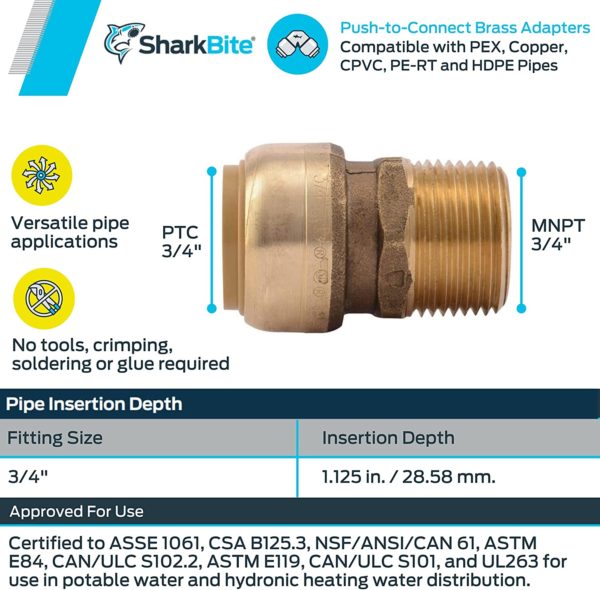 SharkBite 3/4 in. Push x 3/4 in. Dia. MPT Brass Connector U134LFA-Pack of 1