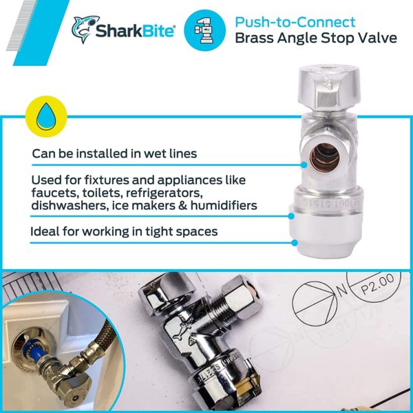 SharkBite 1/2 x 3/8 Inch Compression Angle Stop Valve, Quarter Turn, Push to Connect Brass Plumbing Fitting, PEX Pipe, Copper, CPVC, PE-RT, HDPE, 23036-0000LF