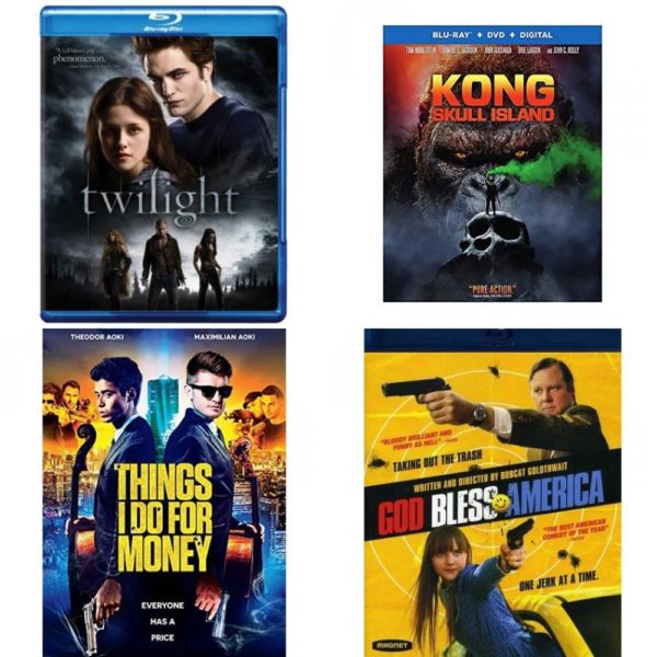 DVD Assorted Movies Blu-ray 4 Pack Fun Gift Bundle: Twilight  WarnerBrothers Kong: Skull Island BD  Things I Do For Money  +  Combo Pack  God Bless America