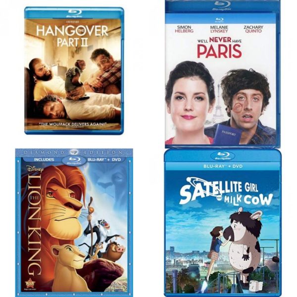 DVD Assorted Movies Blu-ray 4 Pack Fun Gift Bundle: The Hangover Part II Movie-Only Edition + UltraViolet Digital Copy  We'll Never Have Paris  Lion King Diamond Edition  Satellite Girl and Milk Cow Blu-ray w/