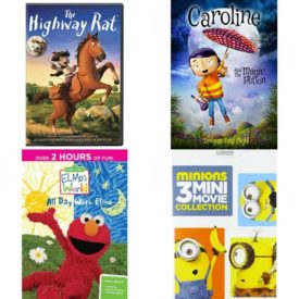 DVD Children's Movies 4 Pack Fun Gift Bundle: Highway Rat, Caroline and the Magic Potion, Sesame Street: Elmo's World - All Day with Elmo, Minions: 3 Mini-Movie Collection