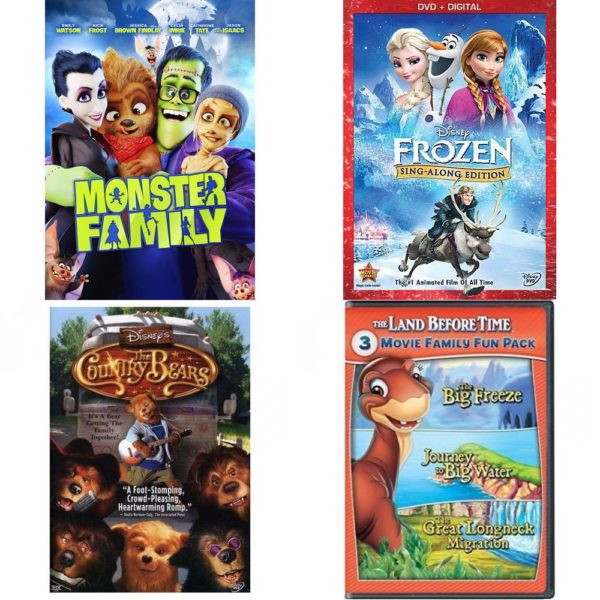 DVD Children's Movies 4 Pack Fun Gift Bundle: Monster Family, FROZEN, The Country Bears, The Land Before Time VIII-X 3-Movie Family Fun Pack (The Big Freeze / Journey to Big Water / The Great Longneck Migration)