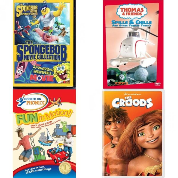 DVD Children's Movies 4 Pack Fun Gift Bundle: The Spongebob Movie Collection, Thomas and Friends - Spills and Chills and Other Thomas Thrills, Hooked on Phonics: Fun in Motion, The Croods