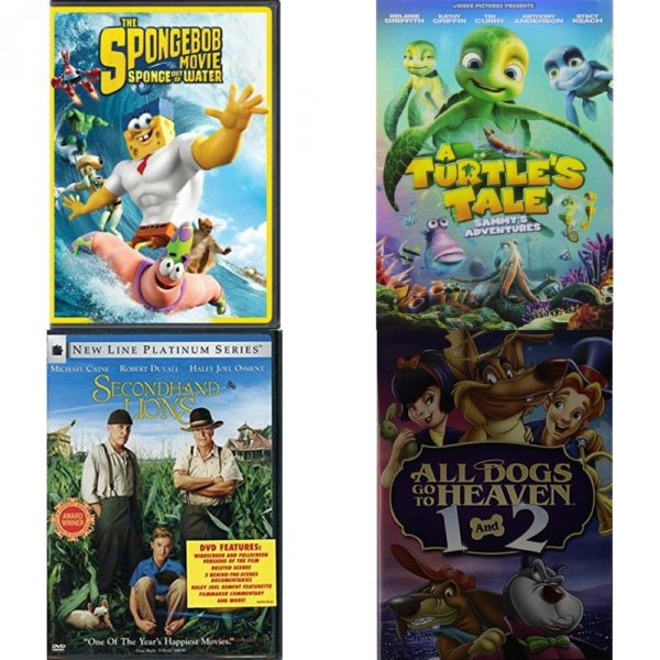 DVD Children's Movies 4 Pack Fun Gift Bundle: Spongebob Movie: Sponge Out of Water, A Turtles Tale: Sammys Adventures, SECONDHAND LIONS, ALL DOGS GO TO HEAVEN FILM COLLECTION