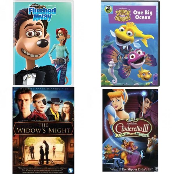 DVD Children's Movies 4 Pack Fun Gift Bundle: Flushed Away, Splash & Bubbles: One Big Ocean, The Widow's Might, Cinderella III - A Twist in Time
