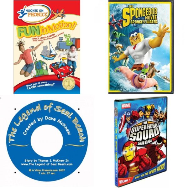 DVD Children's Movies 4 Pack Fun Gift Bundle: Hooked on Phonics: Fun in Motion, Spongebob Movie: Sponge Out of Water, The Legend of Seal Beach, The Super Hero Squad Show, Vol. 1