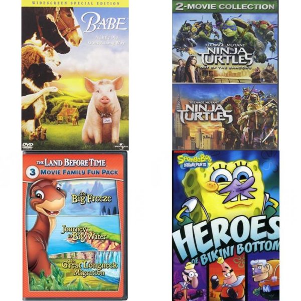 DVD Children's Movies 4 Pack Fun Gift Bundle: Babe, Teenage Mutant Ninja Turtles 2-Movie Collection, The Land Before Time VIII-X 3-Movie Family Fun Pack (The Big Freeze / Journey to Big Water / The Great Longneck Migration), Heroes of Bikini Bottom
