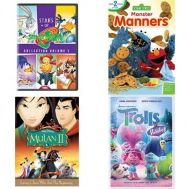 DVD Children's Movies 4 Pack Fun Gift Bundle: Stars of Space Jam Collection Vol. 1, Sesame Street: Monster Manners, Mulan II, Trolls Holiday