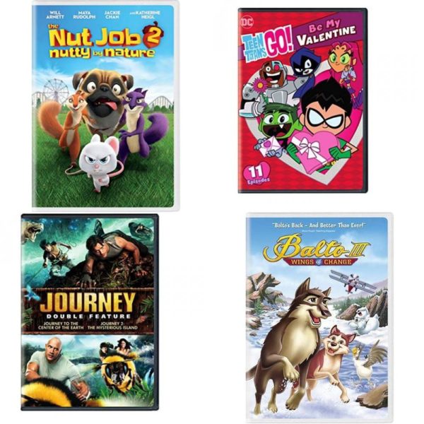 DVD Children's Movies 4 Pack Fun Gift Bundle: The Nut Job 2: Nutty by Nature, Teen Titans Go!: Be My Valentine, Journey Double Feature (Journey to the Center of the Earth / Journey 2: The Mysterious Island), Balto III - Wings of Change