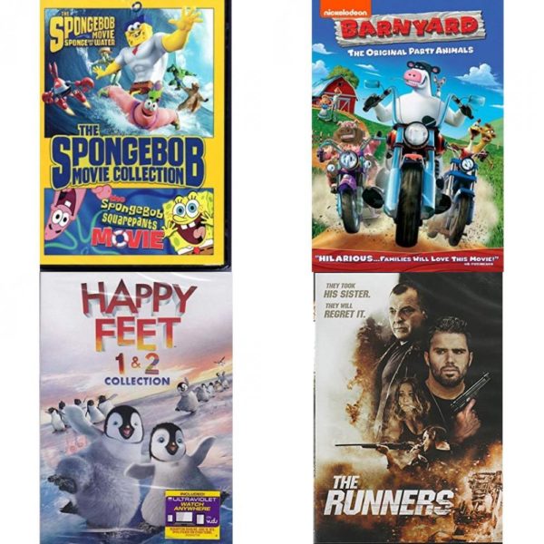DVD Children's Movies 4 Pack Fun Gift Bundle: The Spongebob Movie Collection, Barnyard, Happy Feet 1 & 2, The Runners