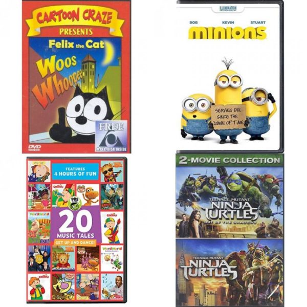 DVD Children's Movies 4 Pack Fun Gift Bundle: Felix the Cat Woos Whoopee, Minions, PBS KIDS: 20 Music Tales, Teenage Mutant Ninja Turtles 2-Movie Collection