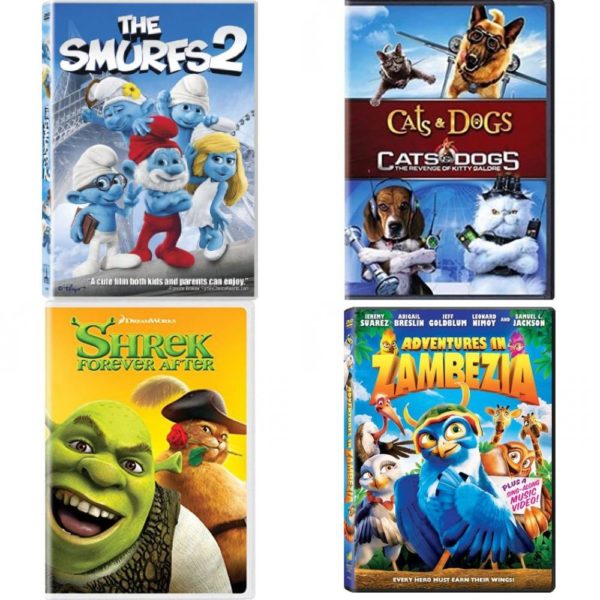 DVD Children's Movies 4 Pack Fun Gift Bundle: The Smurfs 2, Cats & Dogs/Cats & Dogs: The Revenge of Kitty Galore, Shrek Forever After, Adventures in Zambezia