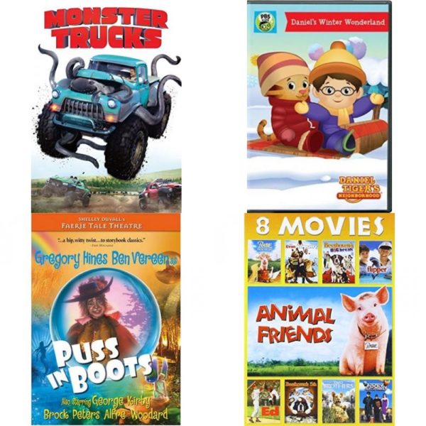 DVD Children's Movies 4 Pack Fun Gift Bundle: Monster Trucks, Daniel Tigers Neighborhood: Daniels Winter Wonderland, Faerie Tale Theatre - Puss 'n Boots, Animal Friends 8-Movie Collection