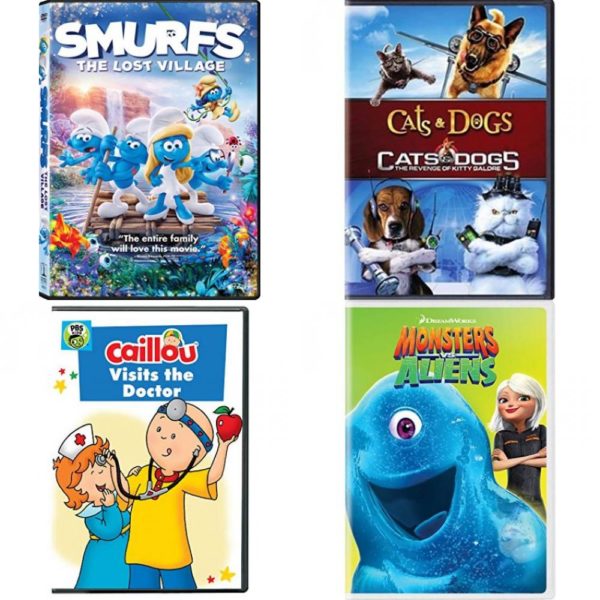 DVD Children's Movies 4 Pack Fun Gift Bundle: Smurfs: The Lost Village, Cats & Dogs/Cats & Dogs: The Revenge of Kitty Galore, Caillou: Caillou Visits the Doctor, Monsters vs. Aliens