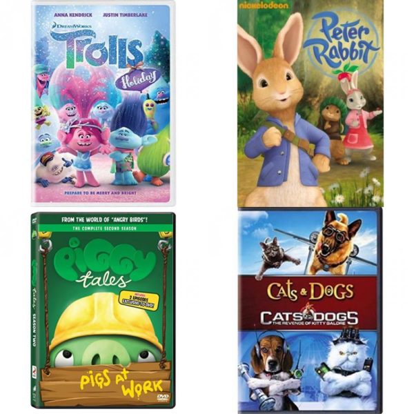 DVD Children's Movies 4 Pack Fun Gift Bundle: Trolls Holiday, Peter Rabbit by Nickelodeon, Piggy Tales - Season 02, Cats & Dogs/Cats & Dogs: The Revenge of Kitty Galore