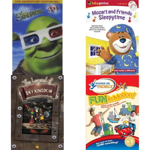 DVD Children's Movies 4 Pack Fun Gift Bundle: Shrek 3-D All New Adventure! W/ Four 3-D Glasses, Baby Genius Mozart & Sleepytime Friends w/Bonus Music CD, The Legend of the Sky Kingdom, Hooked on Phonics: Fun in Motion
