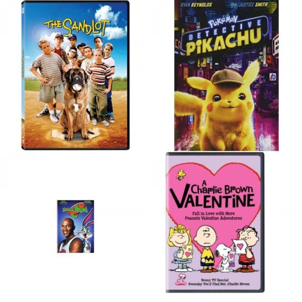 DVD Children's Movies 4 Pack Fun Gift Bundle: The Sandlot, Pokémon Detective Pikachu, Space Jam, A Charlie Brown Valentine