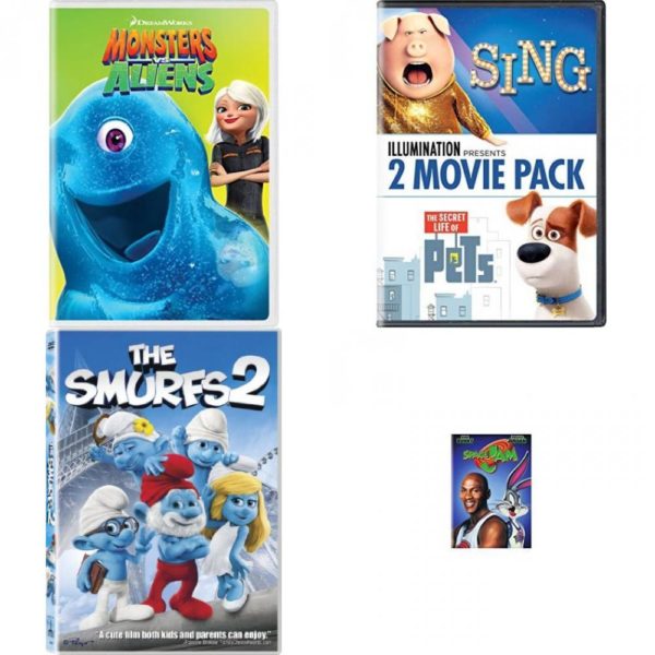 DVD Children's Movies 4 Pack Fun Gift Bundle: Monsters vs. Aliens, Universal Pictures Home Illumination Presents: 2-Movie Pack, The Smurfs 2, Space Jam