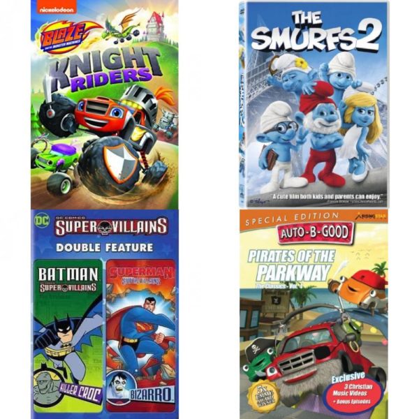 DVD Children's Movies 4 Pack Fun Gift Bundle: Blaze and the Monster Machines: Knight Riders, The Smurfs 2, DC Super Villains Double Feature, Auto-B-Good Special Edition: Pirates of the Parkway