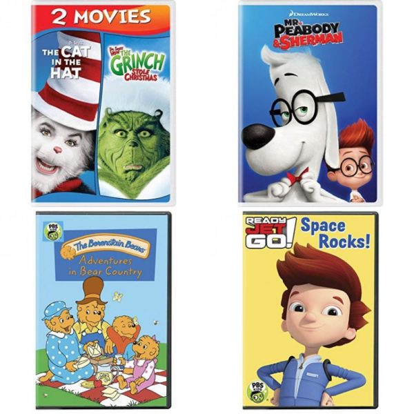 DVD Children's Movies 4 Pack Fun Gift Bundle: Dr. Seuss' The Cat in the Hat / Dr. Seuss' How the Grinch Stole Christmas 2-Movie Collection, Mr. Peabody & Sherman, Berenstain Bears: Adventures in Bear Country, Ready Jet Go!: Space Rocks!