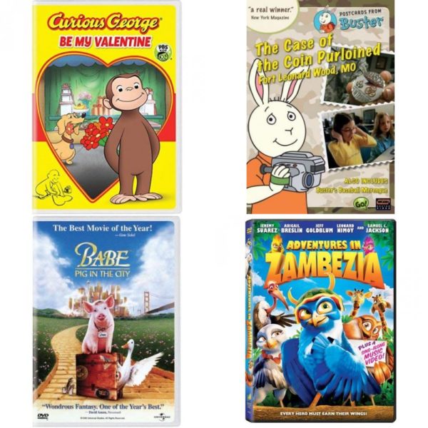 DVD Children's Movies 4 Pack Fun Gift Bundle: Curious George: Be My Valentine, The Case of the Coin Purloined, Babe: Pig in the City, Adventures in Zambezia
