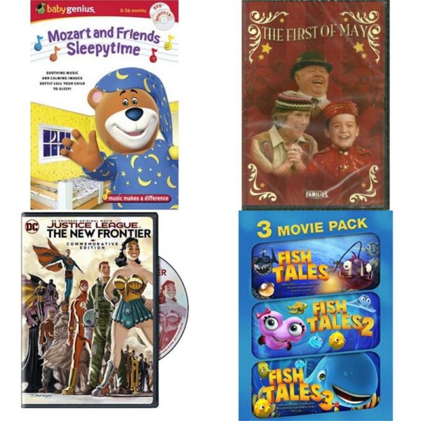 DVD Children's Movies 4 Pack Fun Gift Bundle: Baby Genius Mozart & Sleepytime Friends w/Bonus Music CD, The First of May, Justice League: New Frontier Commemorative Edition, Fishtales 1+2+3 Pack