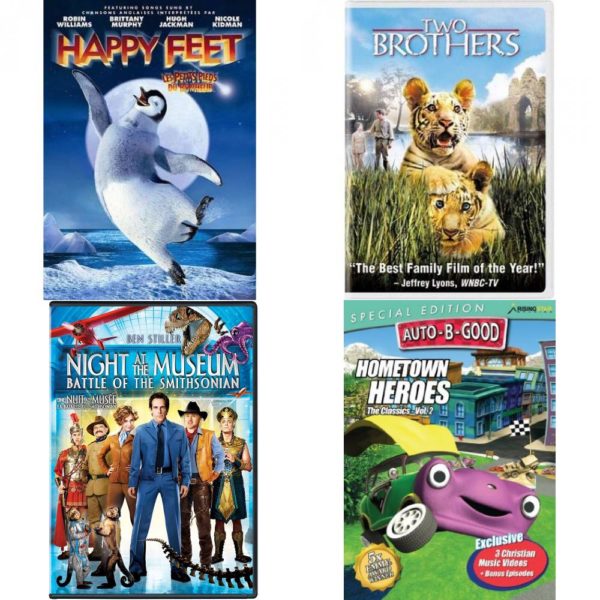 DVD Children's Movies 4 Pack Fun Gift Bundle: Happy Feet, Two Brothers, Night at the Museum: Battle of the Smithsonian, Auto-B-Good Special Edition: Hometown Heroes
