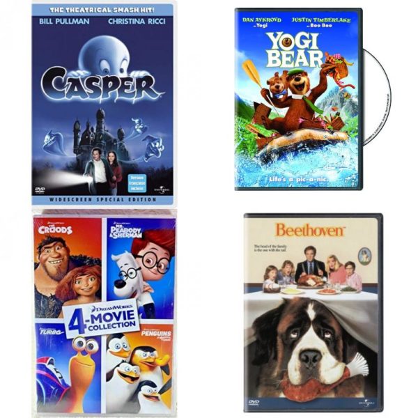 DVD Children's Movies 4 Pack Fun Gift Bundle: Casper, Yogi Bear, DreamWorks 4 Movie Collection: The Croods / Mr. Peabody & Sherman / Turbo / Penguins of Madagascar, Beethoven