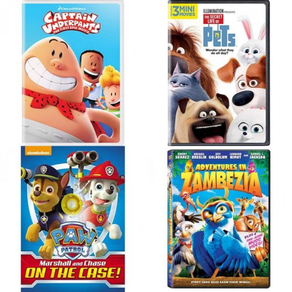 DVD Children's Movies 4 Pack Fun Gift Bundle: Captain Underpants: The First Epic Movie, The Secret Life of Pets, Paw Patrol: Marshall & Chase on the Case, Adventures in Zambezia