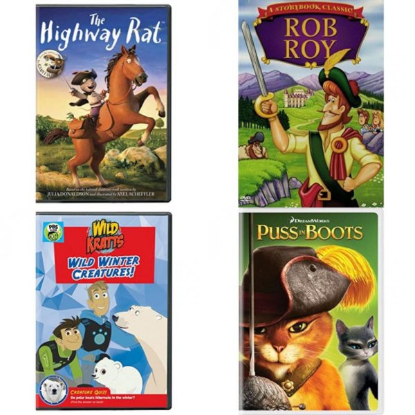 DVD Children's Movies 4 Pack Fun Gift Bundle: Highway Rat, Rob Roy A Story book Classic, Wild Kratts: Wild Winter Creatures!, Puss in Boots