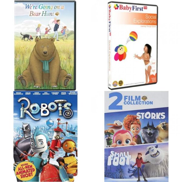 DVD Children's Movies 4 Pack Fun Gift Bundle: Were Going on a Bear Hunt, BabyFirstTV Presents Social Explorations, Robots Widescreen Edition, Storks/Smallfoot